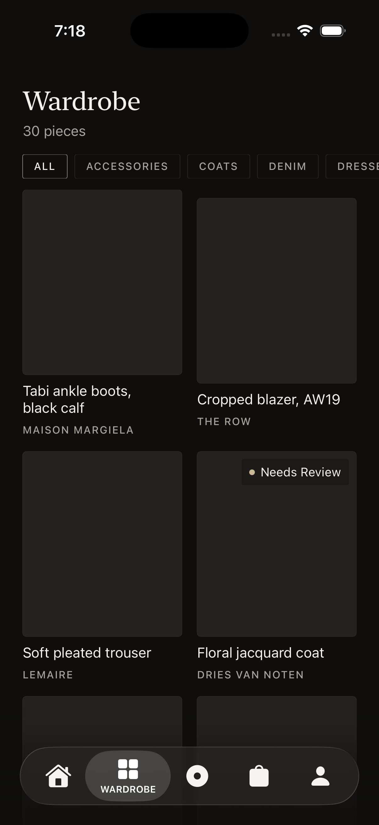 GARDE wardrobe grid — recognized items